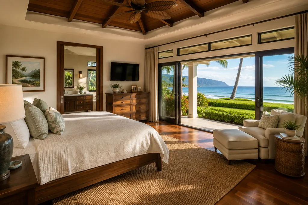 A bedroom with a bed, ottoman, and sliding glass doors to a patio with ocean views.