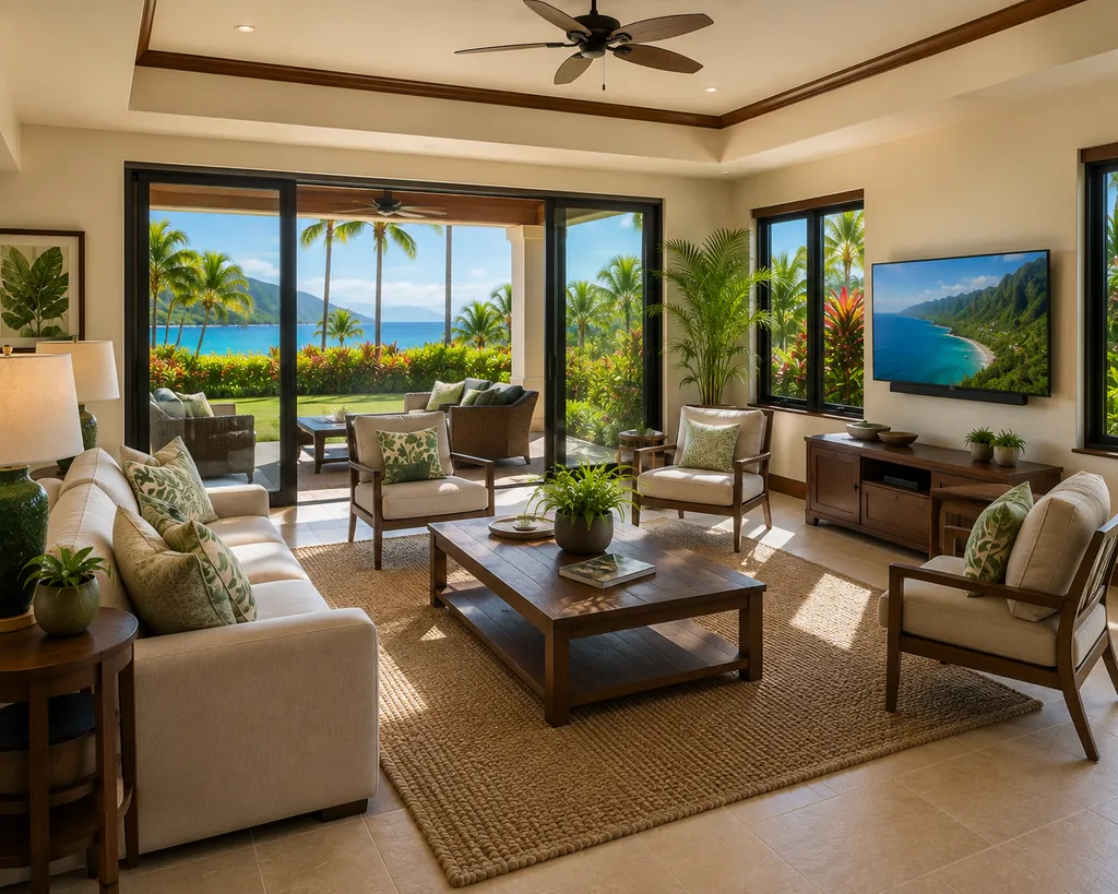 A living room with a view of the ocean, featuring a white couch, coffee table, and large windows.