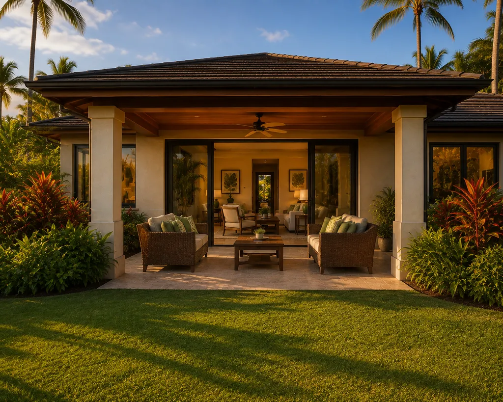A tropical patio with a covered seating area, lush greenery, and a clear blue sky.