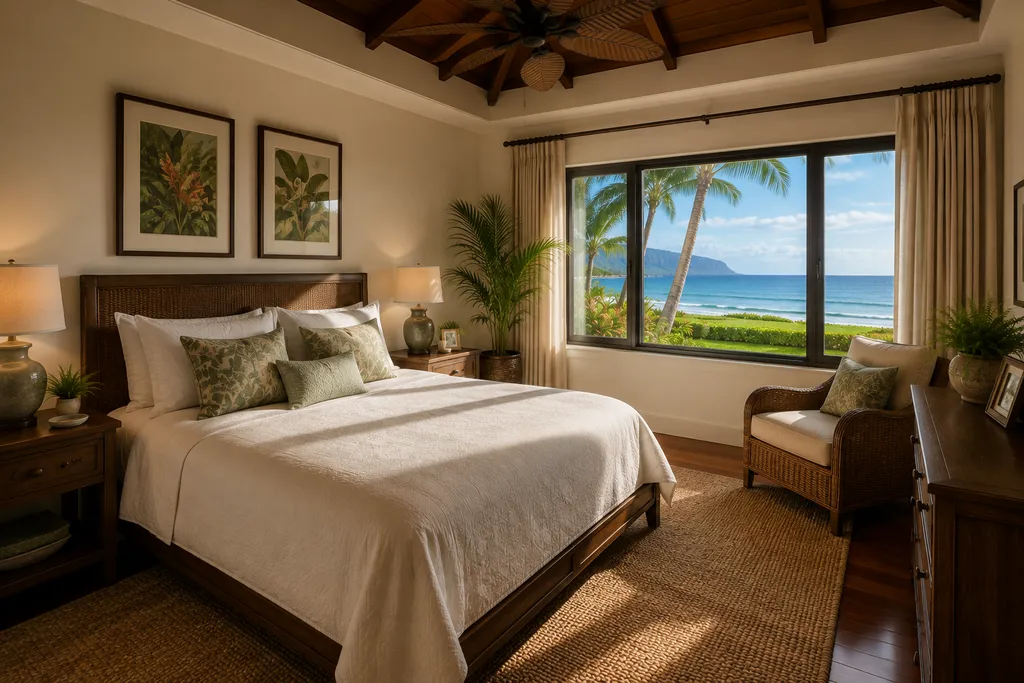 A bedroom with a large bed, ocean view, and tropical plants.